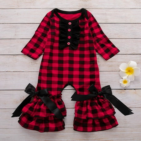 

Ganfancp Adorable Red Plaid Christmas Romper with Ruffles for Baby Girls – Soft Cotton Jumpsuit Set for Newborn to 24 Months Clearance Items