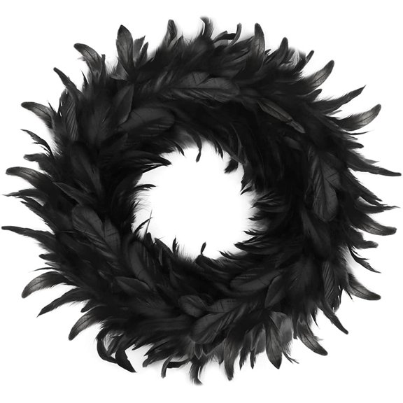 16" Black Feather Wreath Halloween Wreath Handmade Black Wreath for Front Door Porch Mantel Fireplace Window Wall Indoor Outdoor Halloween Christmas Winter Birthday Decoration