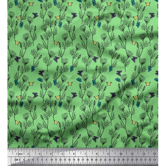 Soimoi Green Cotton Duck Fabric Insect & Floral Artistic Fabric Prints by Yard 42 Inch Wide