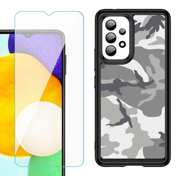 Shockproof Bumper (Black Frame) phone Case for Samsung Galaxy A23 5G, with Tempered Glass Screen Protector, by OneToughShield ® - Urban Camo