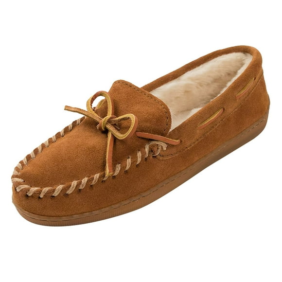 Minnetonka Women's Pile Lined Hardsole Moccasin Slipper (Brown)-9 W US