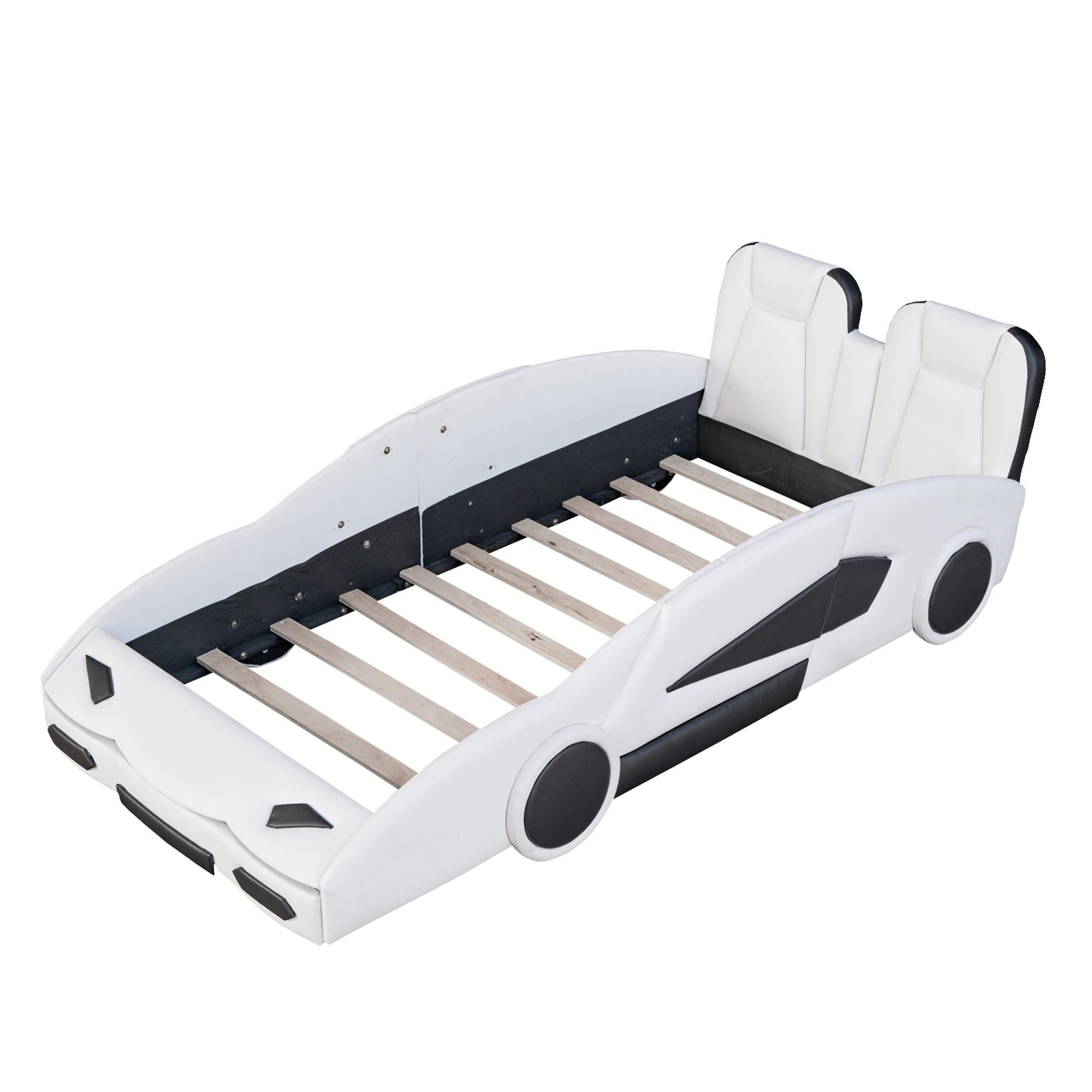 Bellemave Twin Size Race Car-Shaped Platform Bed with Wheels, Faux Leather Upholstered Boys Twin Race Car Bed,Twin Bed Frame with Slat Support（White)