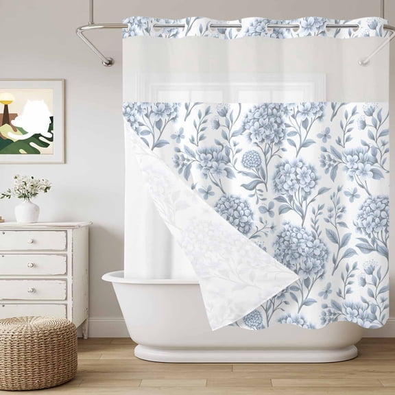 No Hook Shower Curtain with Snap in Liner, Country Blue Flowers Hydrangeas Curtain Set See-Through Top Double Layers Blossom Floral Seamless Shower Curtains for Bathroom Decor, 72x72in