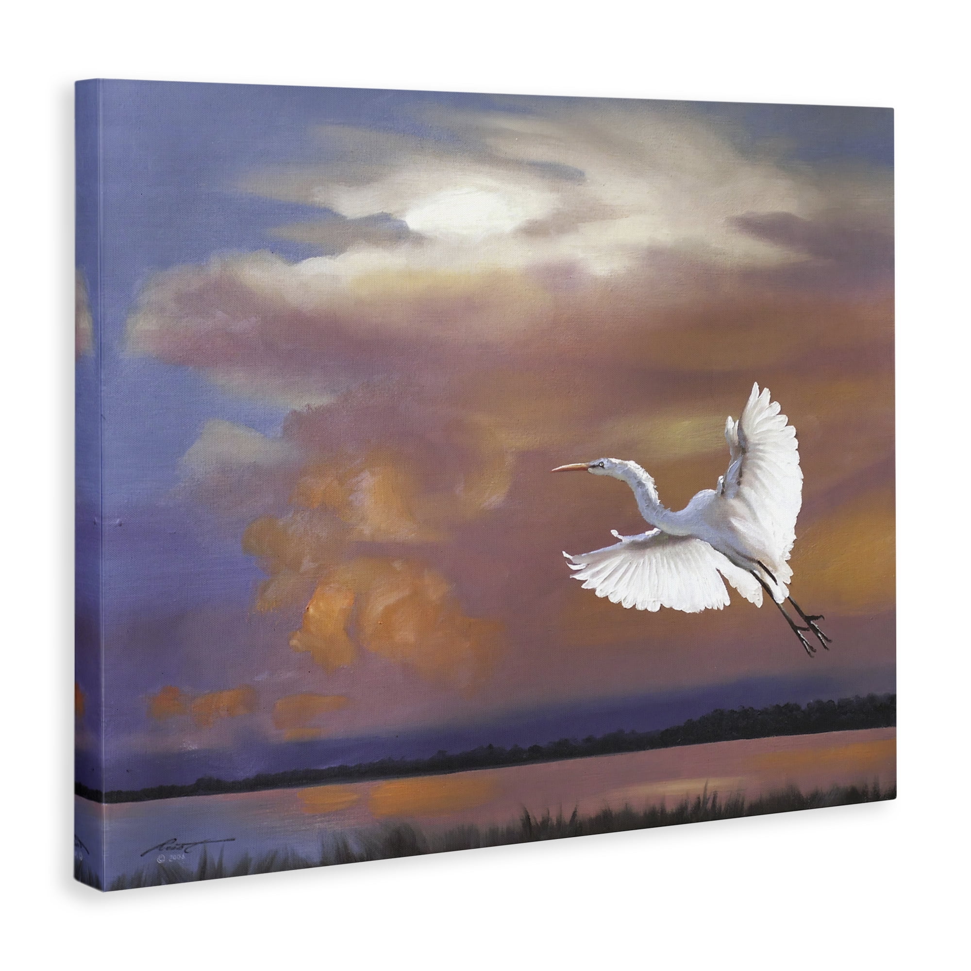 Stupell Industries Heron Flying with Sunset Landscape Painting Gallery Wrapped Canvas Art Print Wall Art, 20 x 16