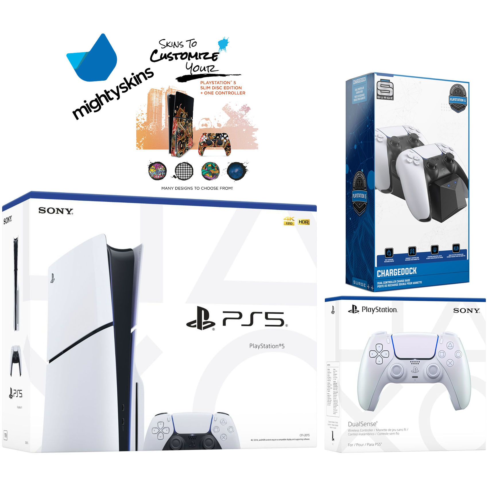 Sony PlayStation 5 Slim Disc with Extra Chroma Pearl Controller, Dual Charging Dock and MightySkins Decal Voucher