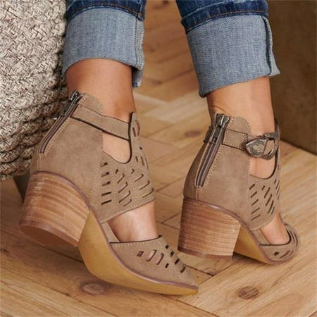 

QWANG 2023 Platform Sandals Women Fashion Fish Mouth Sandals Summer Casual Buckle Chunky Heel Sandals Slip On Cutout Wedge Sandals Brown