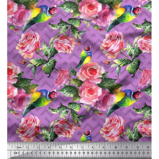 Soimoi Modal Satin Fabric Bird,Leaves & Rose Floral Fabric Prints By Yard 42 Inch Wide