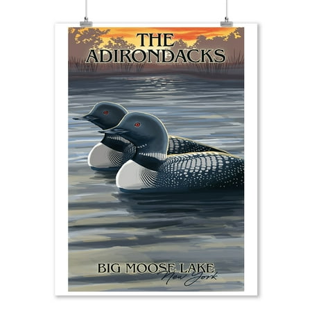 The Adirondacks, New York - Big Moose Lake - Loon Scene - Lantern Press Artwork (9x12 Art Print, Wall Decor Travel Poster)