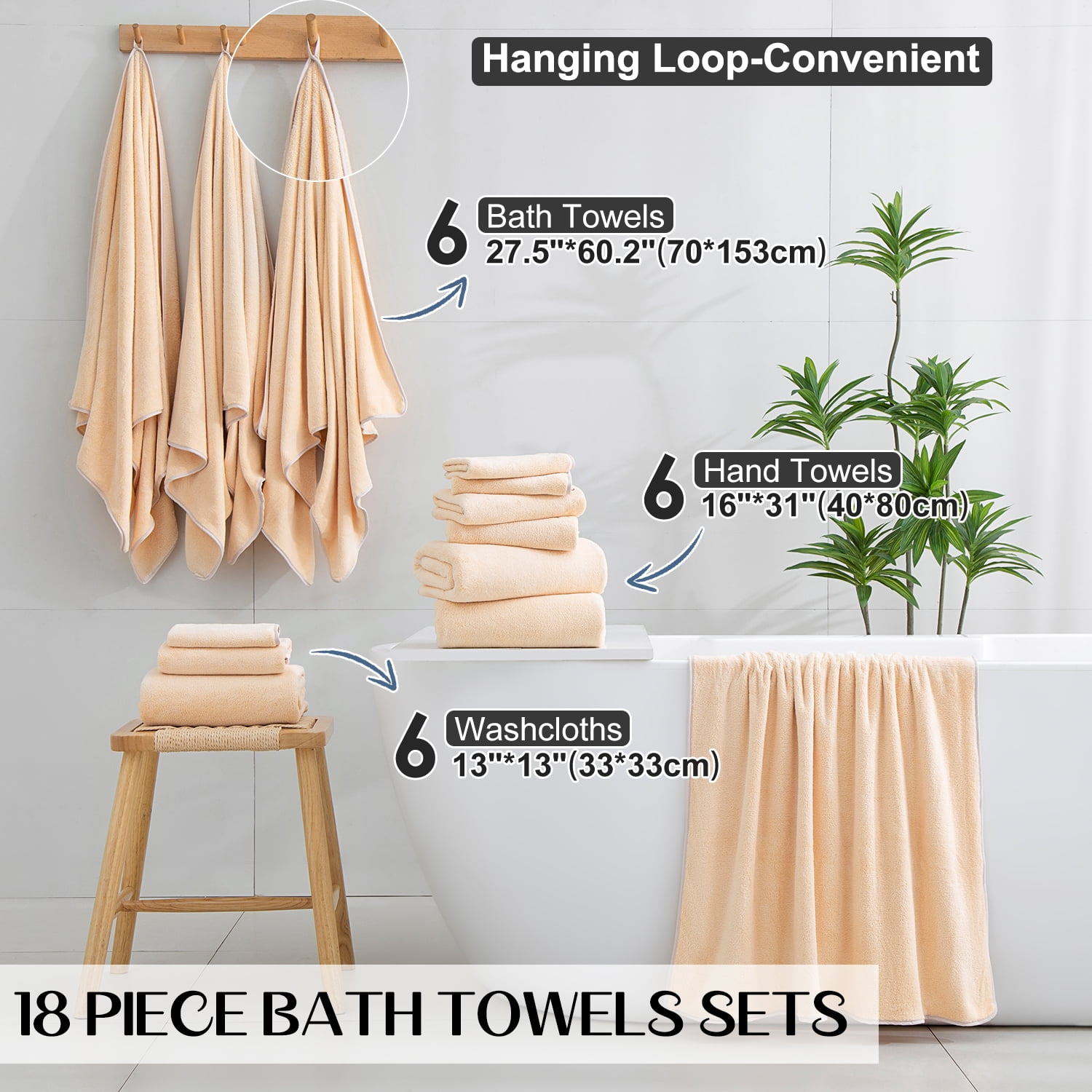 Kebury 18 Piece Family Bath Towels Set - 6 Bath Sheets, 6 Hand Towels & 6 Washcloths - Microfiber Shower Towels with Hanging Loop Absorbent Ultra Soft Towels for Bathroom Spa Gym- Apricot Yellow