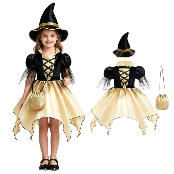Kids Short Sleeve Tutu Witch Dresses with Hat Set Witch Costume Cosplay Costume Kids Halloween Costumes Girls Size 2-13 Years