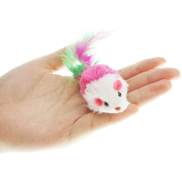 Furry pet cat toy mice, cat toy mice, pet cat toys, feather tail catcher, 10 count (colors random)