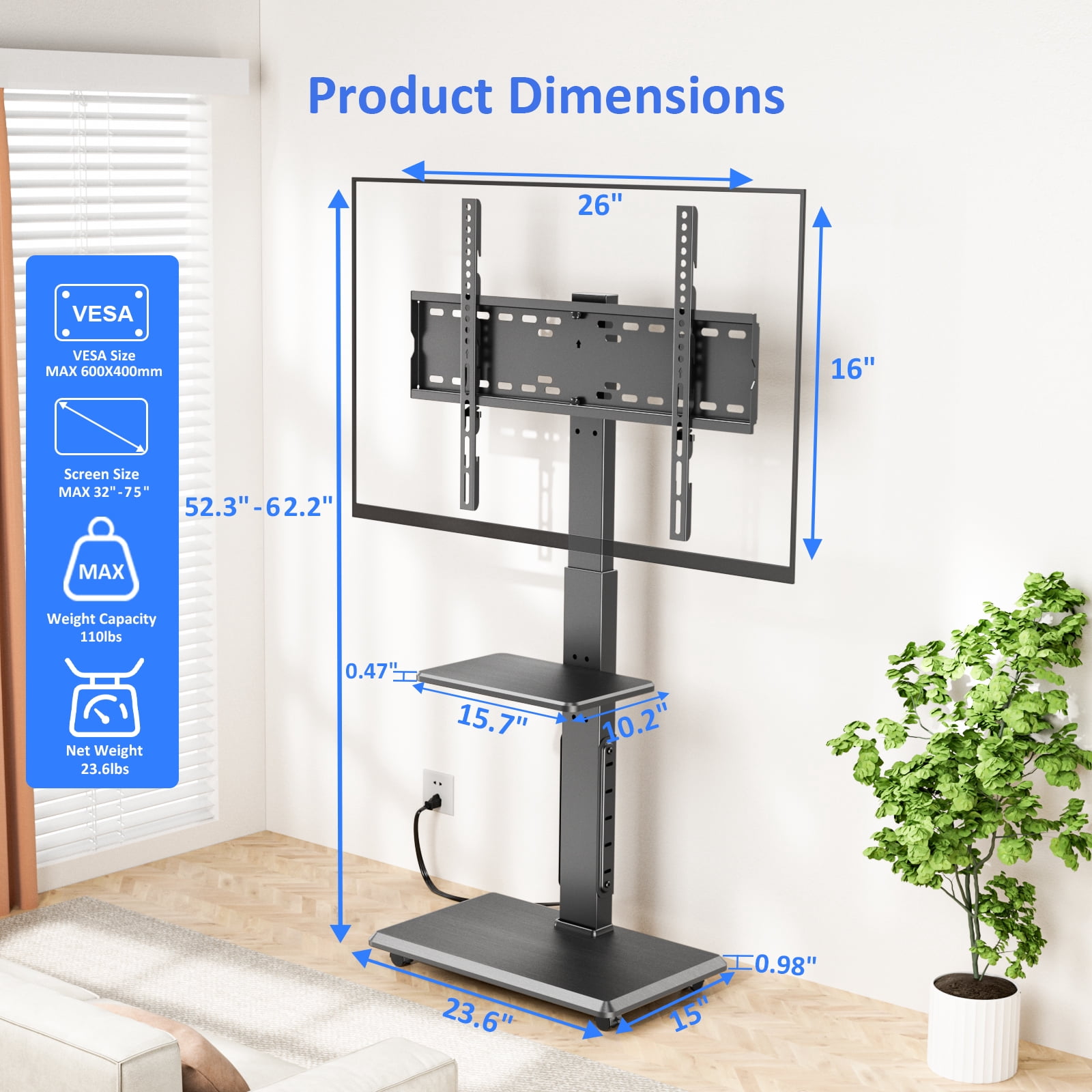 Rolling TV Stand with Power Outlet, Mobile TV Cart for 32-75 Inch TVs up to 110 lbs, 18 Adjustable Heights, Max VESA 600x400mm, TV Floor Stand with Swivel Mount/Shelf/Wheels, Fits for Bedroom