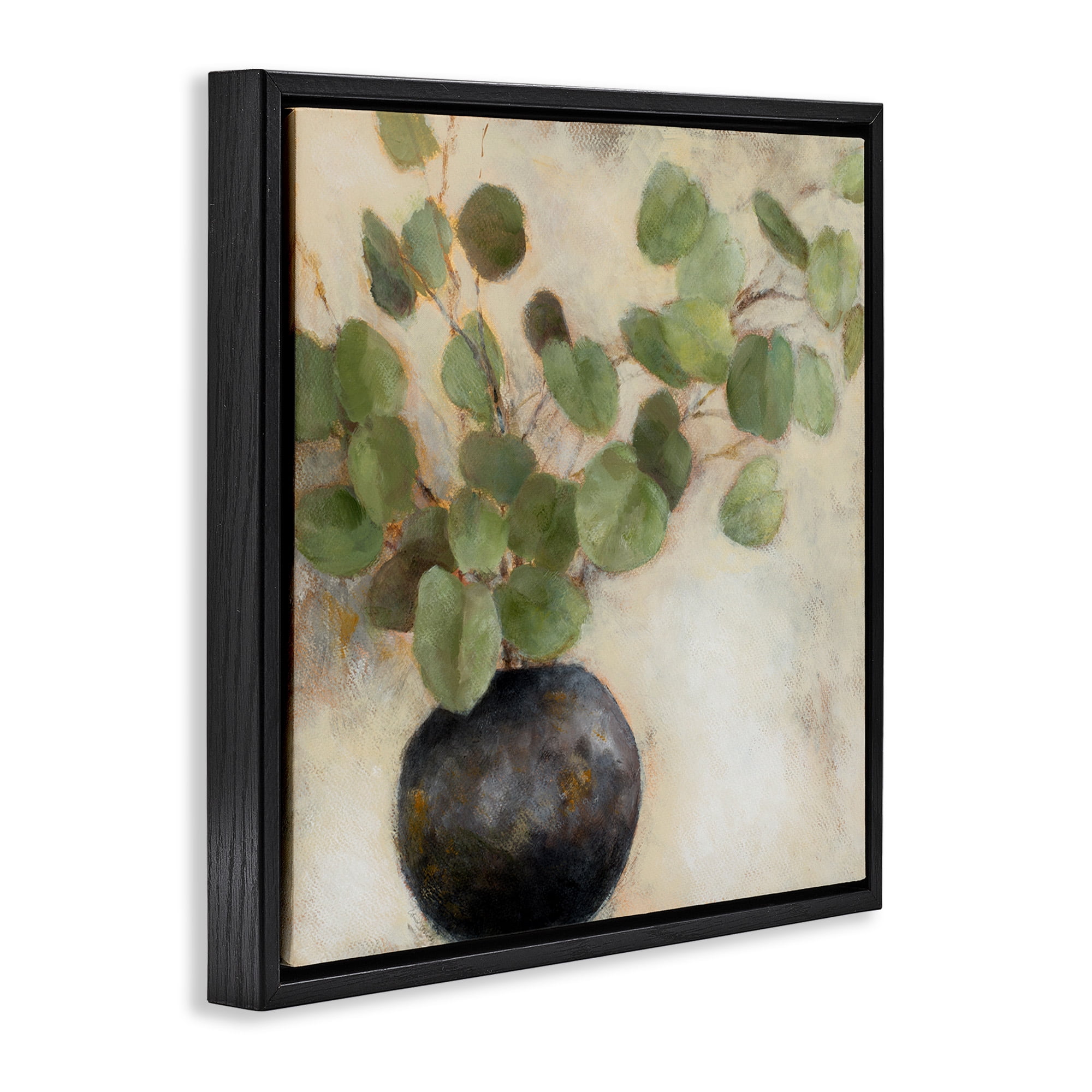 Stupell Industries Green Potted Eucalyptus Leaves Botanical & Floral Painting Black Floater Framed Canvas Art Print Wall Art, 25 x 25