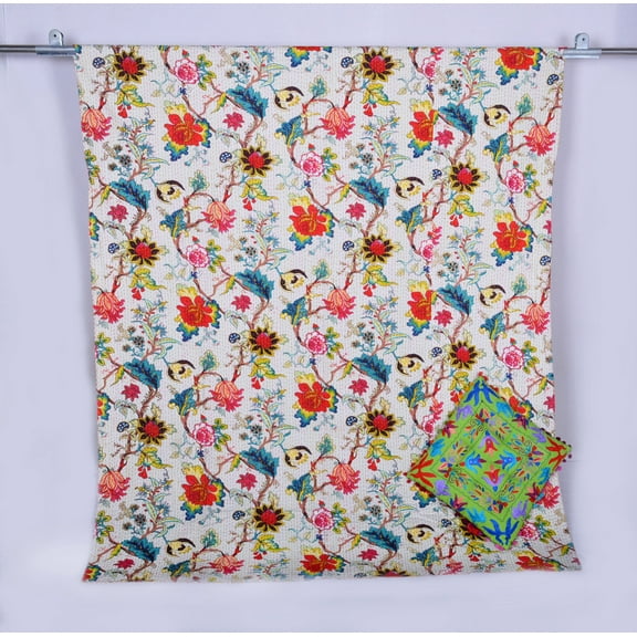 Hand Block Print Quilt Indian Kantha Quilt Kantha Bedspread Kantha Blanket Cotton Throw Handmade Quilt Single Size Quilt Bedding Multi Floral Print Twin