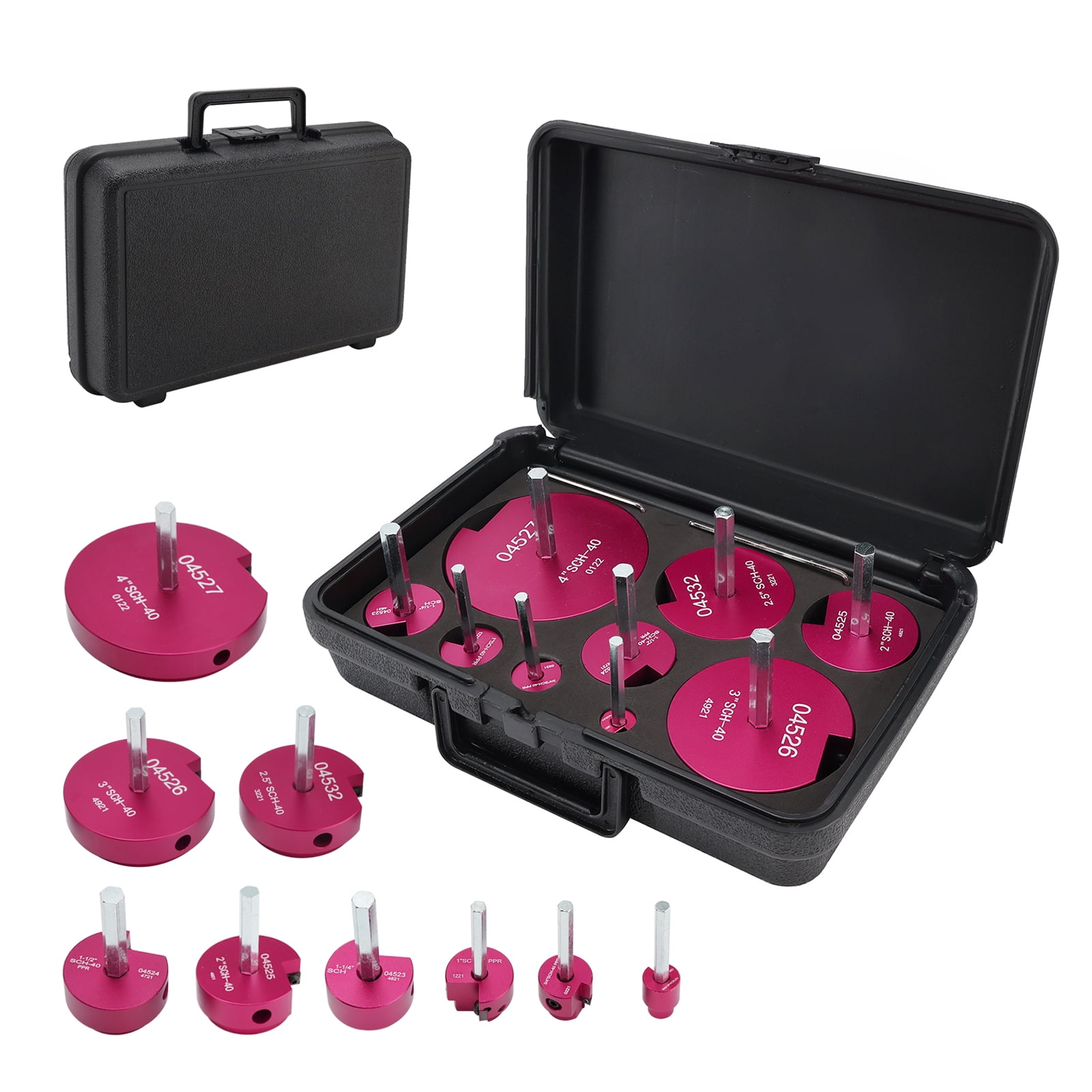 9 Piece Plastic Pipe Fitting Reamer Kit for 1/2" Drill, Includes0.5", 0.75", 1", 1.25", 1.5", 2", 2.5" 3", 4" Reamers, Carbide Cutting Inserts, For PVC, CPVC, ABS Pipe Fittings