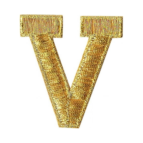 Alphabet Letter - V - Color Gold - 2" Block Style - Iron On Embroidered Applique Patch