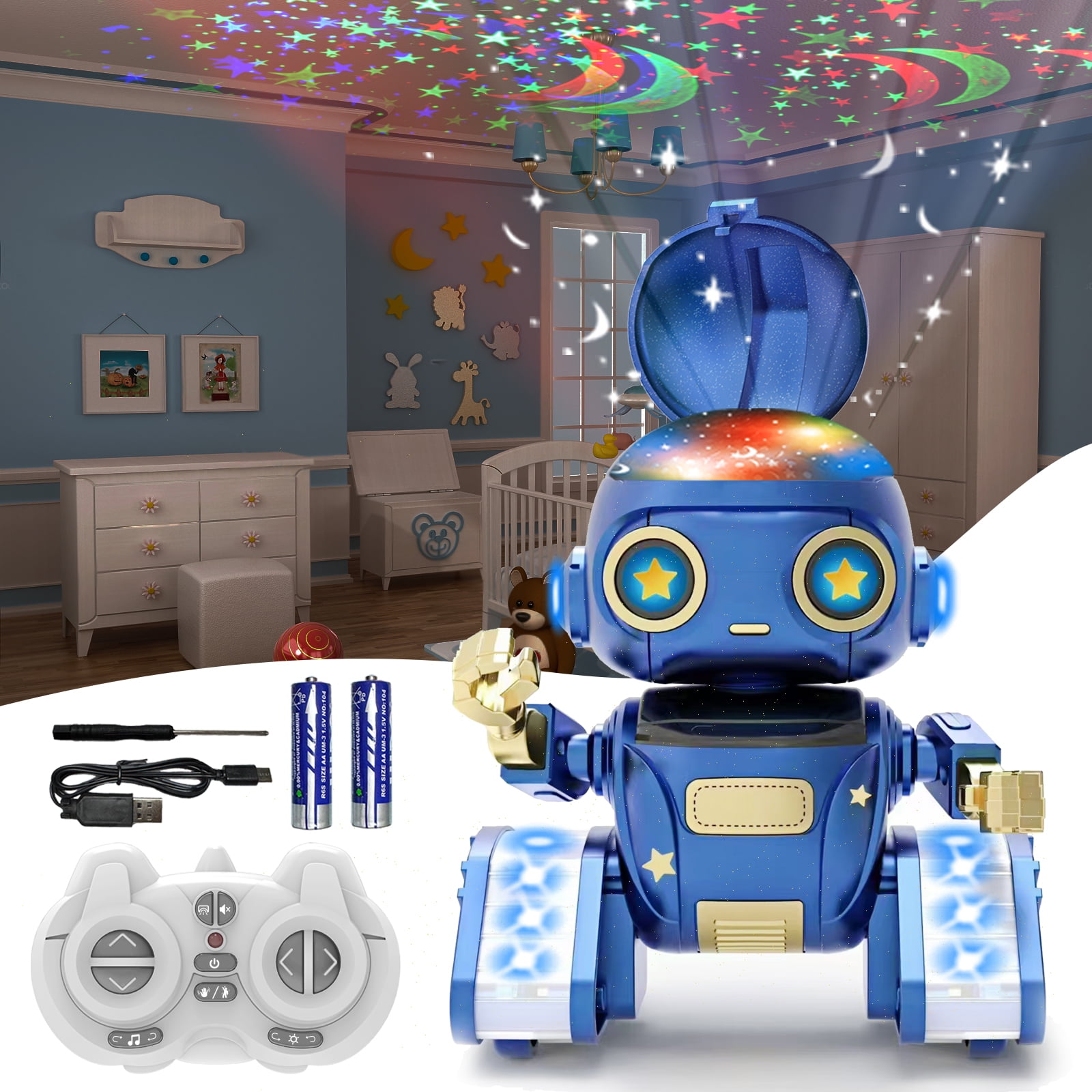 Aikmi Robot Toys for Kids 5-8, Rechargeable Remote Control Robot with Projector Night Light for Kids, Gesture Sensor, Music, Toys for 6 Year Old Boys Girls Birthday Present Christmas Gifts Boys Toys