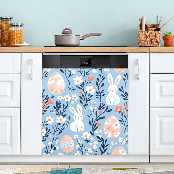 Yayeee Magnetic Dishwasher Cover for The Front Decoration Home Kitchen Machine Sticker Protector, Floral Easter Rabbits