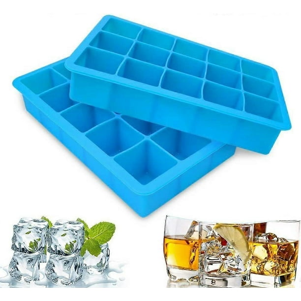 2 Pack Silicone Ice Cube Trays, Easy Release Ice Cube Molds, 15 Ice Cubes Per Tray, Suitable for Chocolate Whiskey Cocktail Any Drinks (Blue)