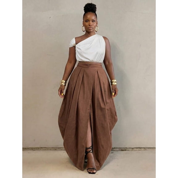 Brown Oversized Pleated Maxi Skirt With Front Slit, Elegant Resort Style For Daily Wear And Parties