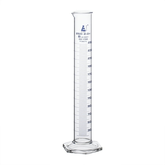 Graduated Cylinder, 250ml - Class B Tolerance ?2.00ml - Hexagonal Base - Blue Graduations - Borosilicate 3.3 Glass - Eisco Labs