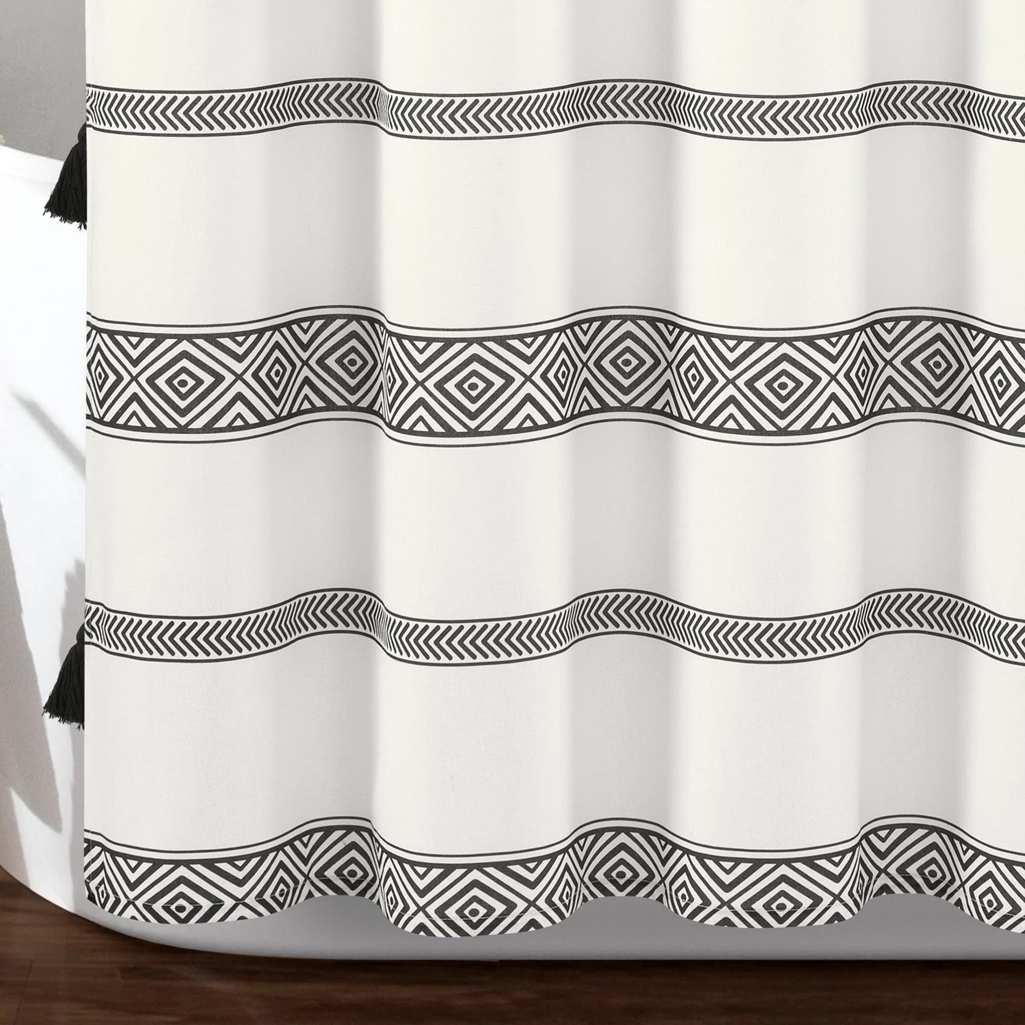 Gray & Beige Stripe Patchwork Cotton Shower Curtain With Tassels - 72x84 Inch, Farmhouse Rustic Style