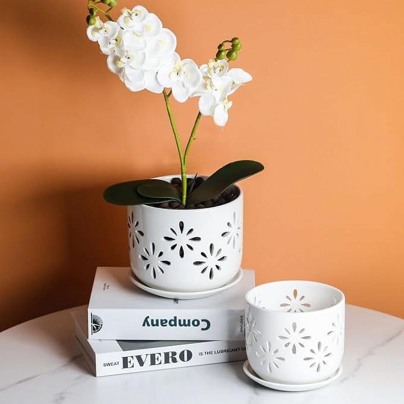 BUYMAX 5" & 6" Ceramic Orchid Pots with Holes and Trays, Blossom Geo Alabaster White, Set of 2