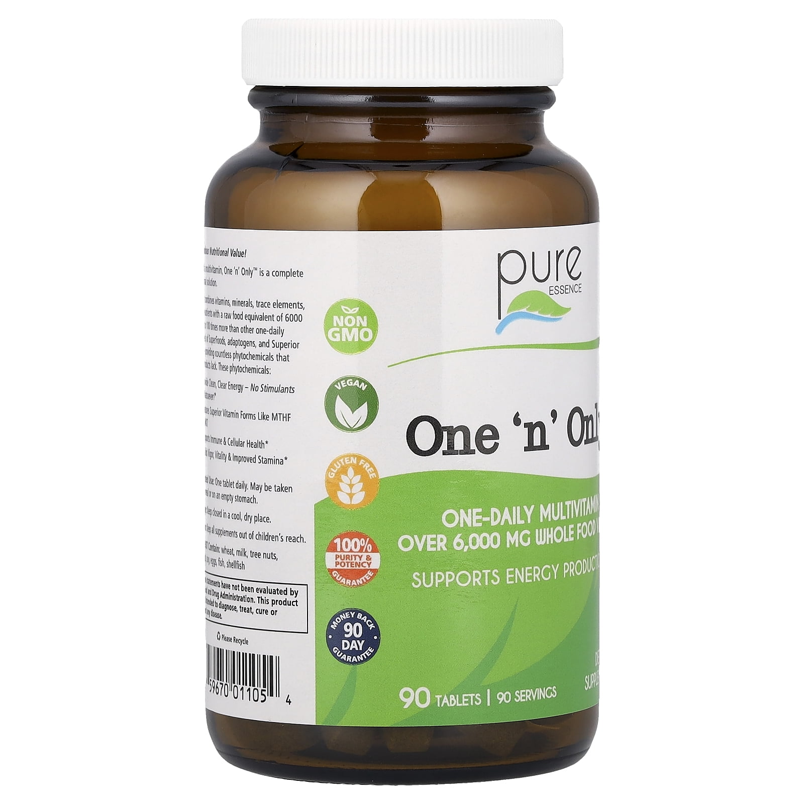 One N Only Multivitamin - One a Day Whole Food Supplement with Superfoods, Minerals, Enzymes, Vitamin D, D3, B12, Biotin by Pure Essence - 90 Tablets