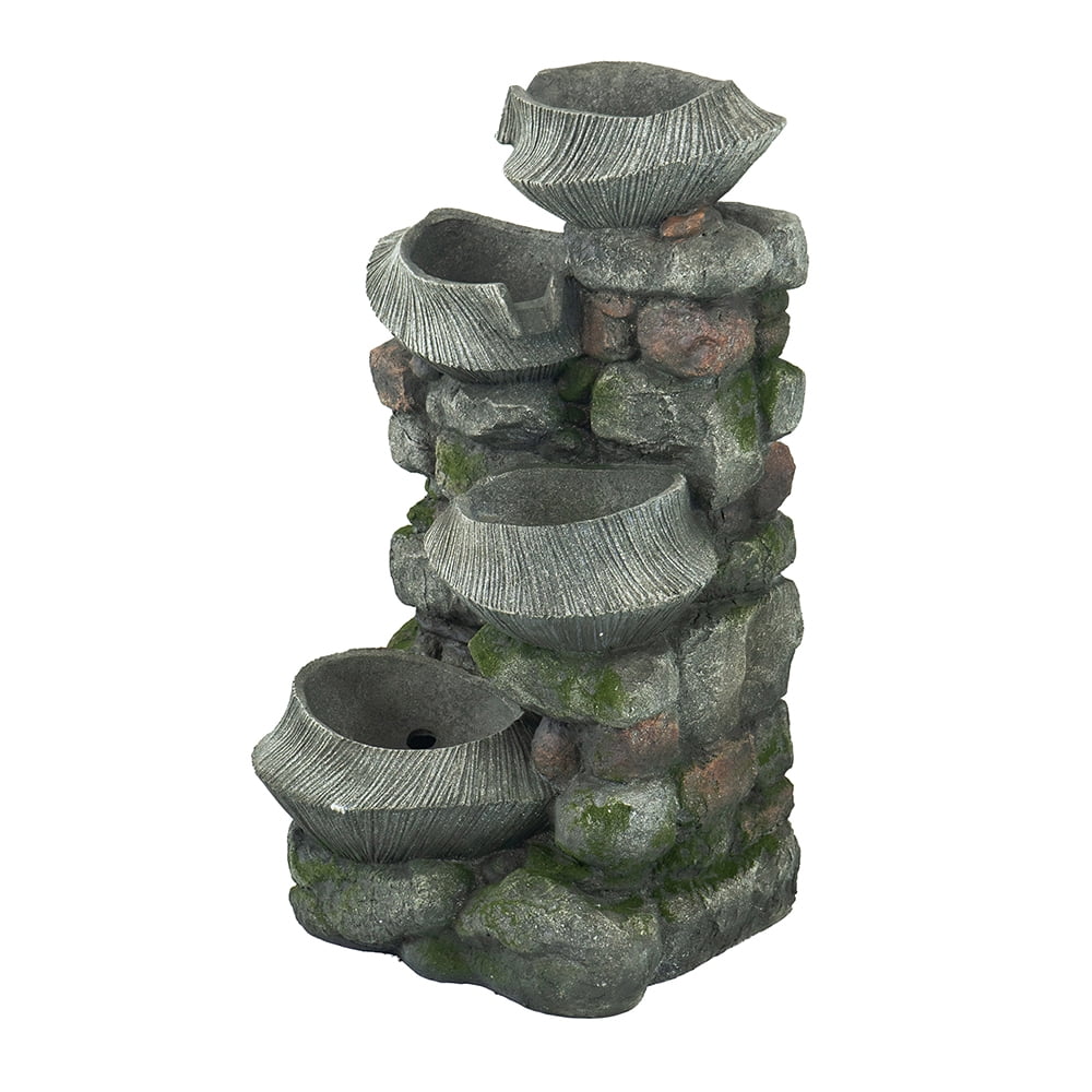 CoSoTower 19X15X31.5" Indoor Outdoor Stone Water Fountain, 4-Tier Polyresin Cascading Rock Bowl Freestanding Fountain with LED Light