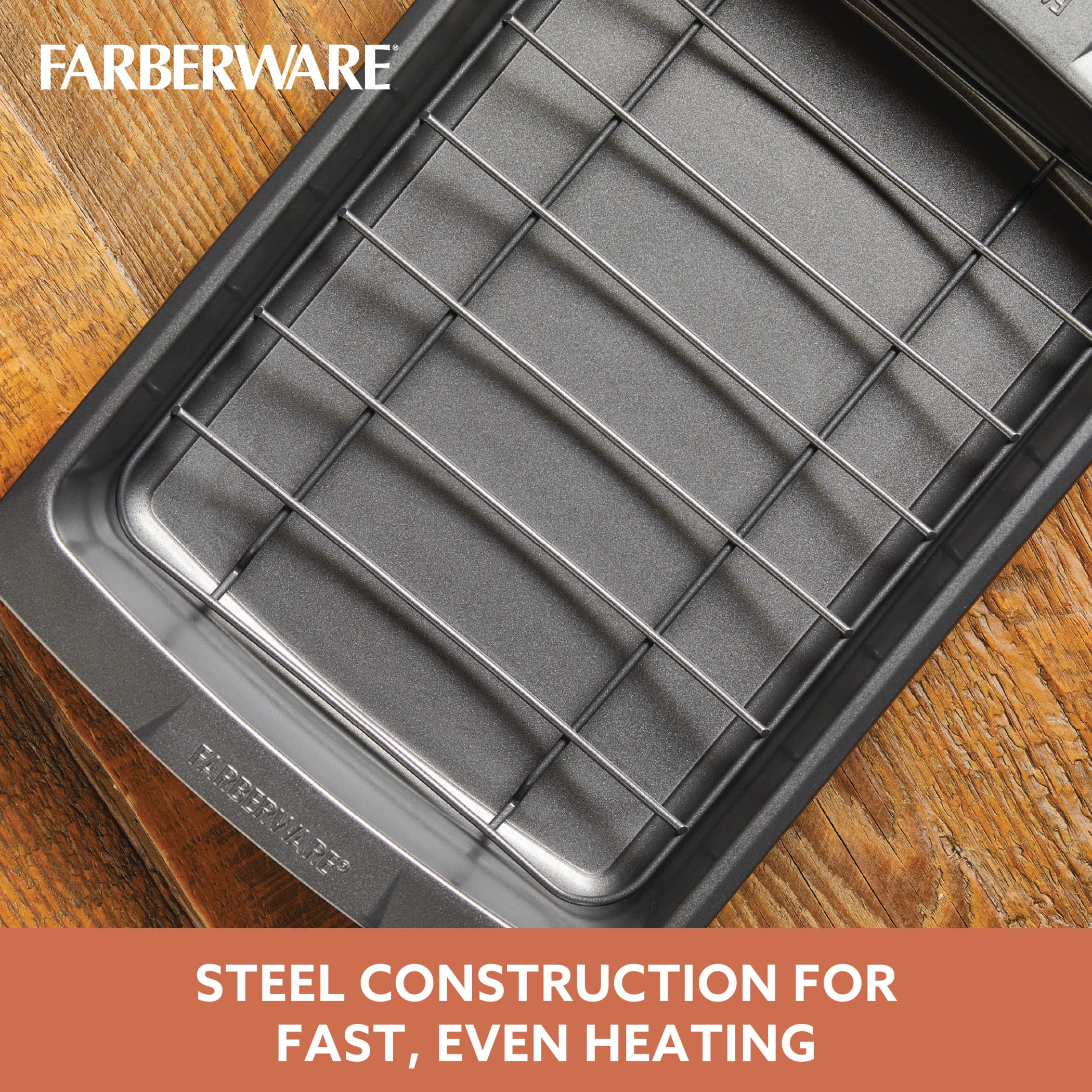 Farberware Bakeware 14.75 x 10.75 Inch Nonstick Roaster with U-Rack, Dishwasher Safe and Oven Safe to 450°F, Gray