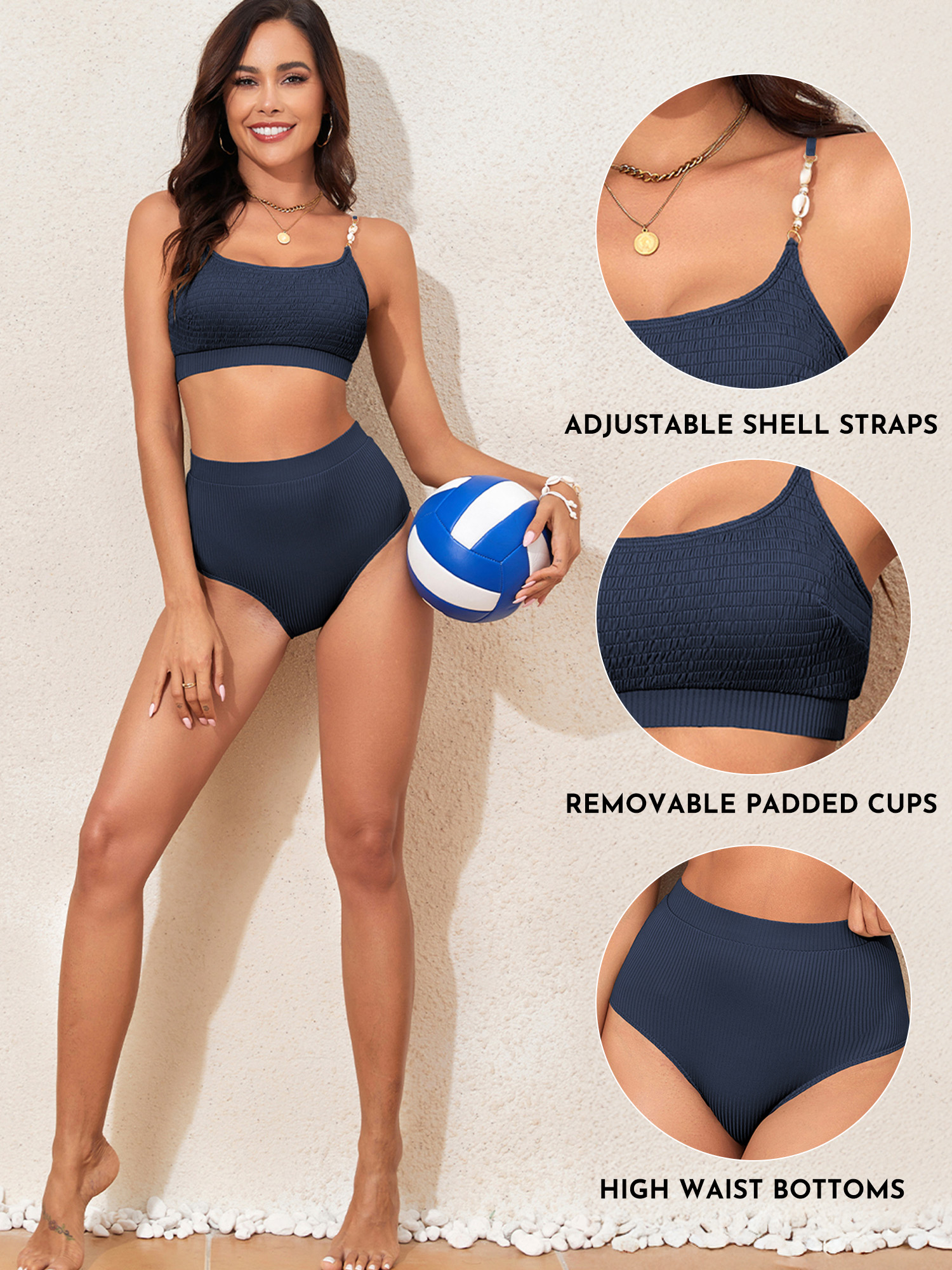 Eytino Women's Shirred Bikini Set, Navy Blue photo 3