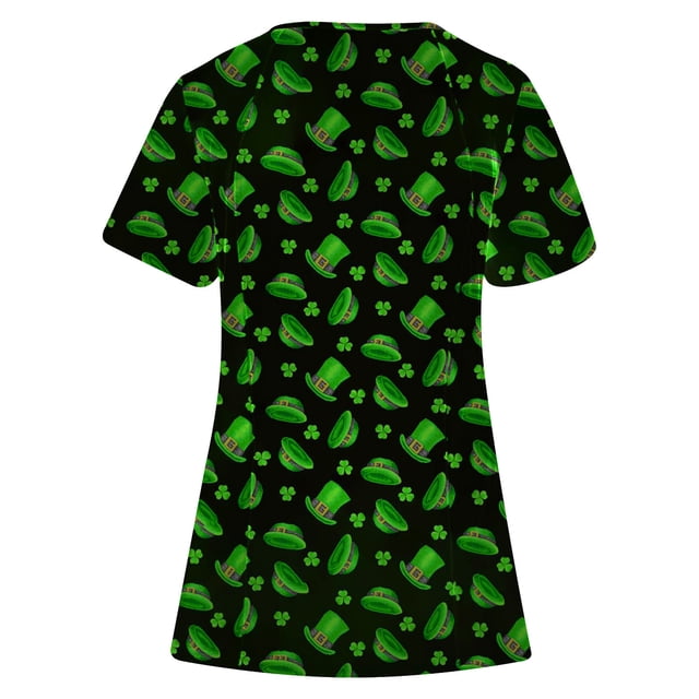 Top de ropa de trabajo con bolsillo y manga corta con cuello en V y estampado del Día de San Patricio a la moda para mujer Fridja gope2658