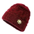 thumbnail image 2 of absanyy Women's Winter Acrylic Cable Knit Beanie - Wine, Free Size, Warm Fuzzy, Flower Brooch, Stretchy & Machine Washable, 2 of 3