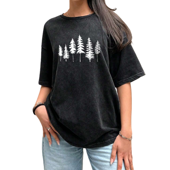Women's Pine Tree Graphic Comfortable Washed T Shirt Casual Top Breathable Black S-2XL Plus Size