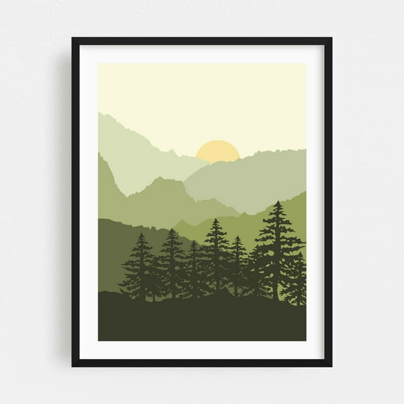 Mountain view in green - Illustration Black Framed Wall Art Print 16 x 20 inches