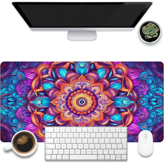 Desk Mat, Colorful Mandala Flowers Desk Pad, Mandala Flower Large Gaming Mouse Pad for Desk, 31.5"x15.7" Extended Big Computer Keyboard Mouse Pad with Non-Slip Base and Stitched Edge