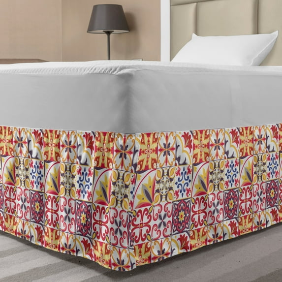 Moroccan Bed Skirt, Italian Culture Inspired Floral Elements Western Civilization Ornamental Pattern, Elastic Bedskirt Dust Ruffle Wrap Around for Bedding Decor, 4 Sizes, Multicolor, by Ambesonne