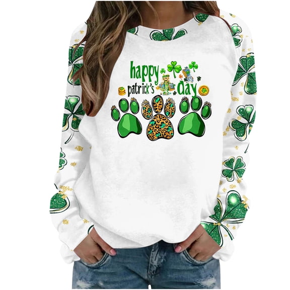Happy St Patricks Day Shirt Women Dog Paw Print Sweatshirt Long Sleeve Crewneck Pullover St Patrick's Day Shamrock Graphic Shirts
