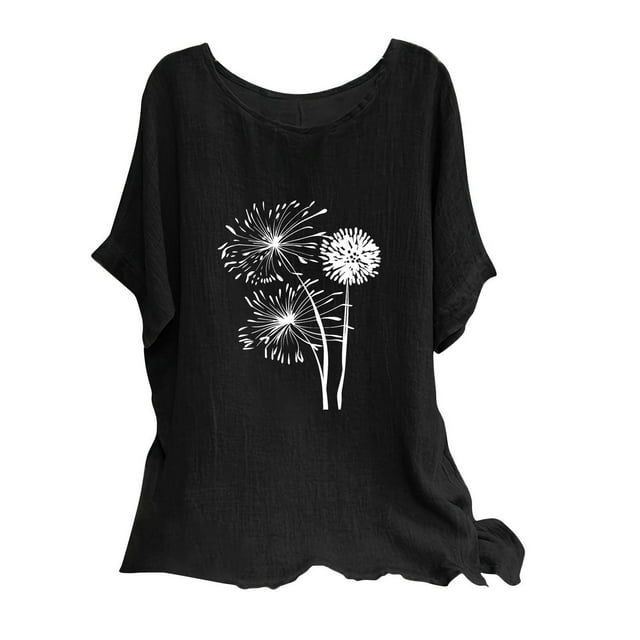 Blusas de Manga Corta para las Mujeres Mezcla de Lino de Ajuste Suelto Top de Bordado, Blusas para las Mujeres Casual