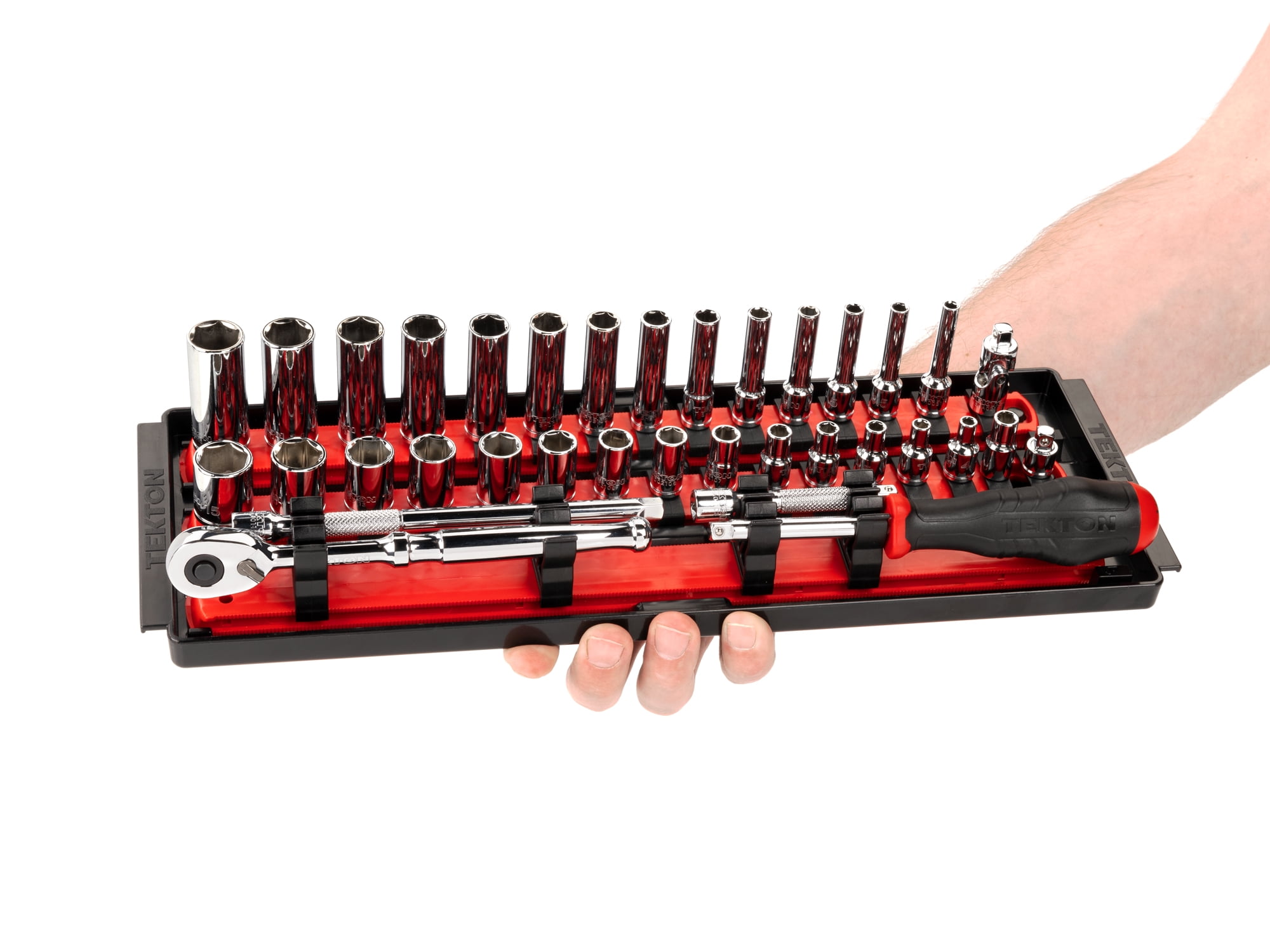 TEKTON 1/4 Inch Drive Shallow and Deep 6-Point Socket and Ratchet Set with Rails and Tray, 35-Piece (4 - 15 mm) | SKT03201