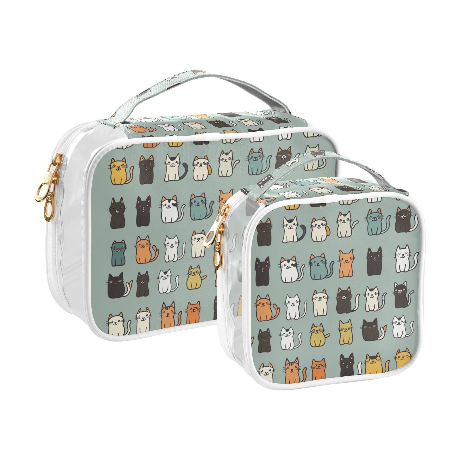 Clear Makeup Bags with Handle Large Opening 2 Pack Set Toiletry Bag Quart Size Bag, for Women Man Traveling Travel Essentials, Toiletries and Other. Cute Cat Doodle