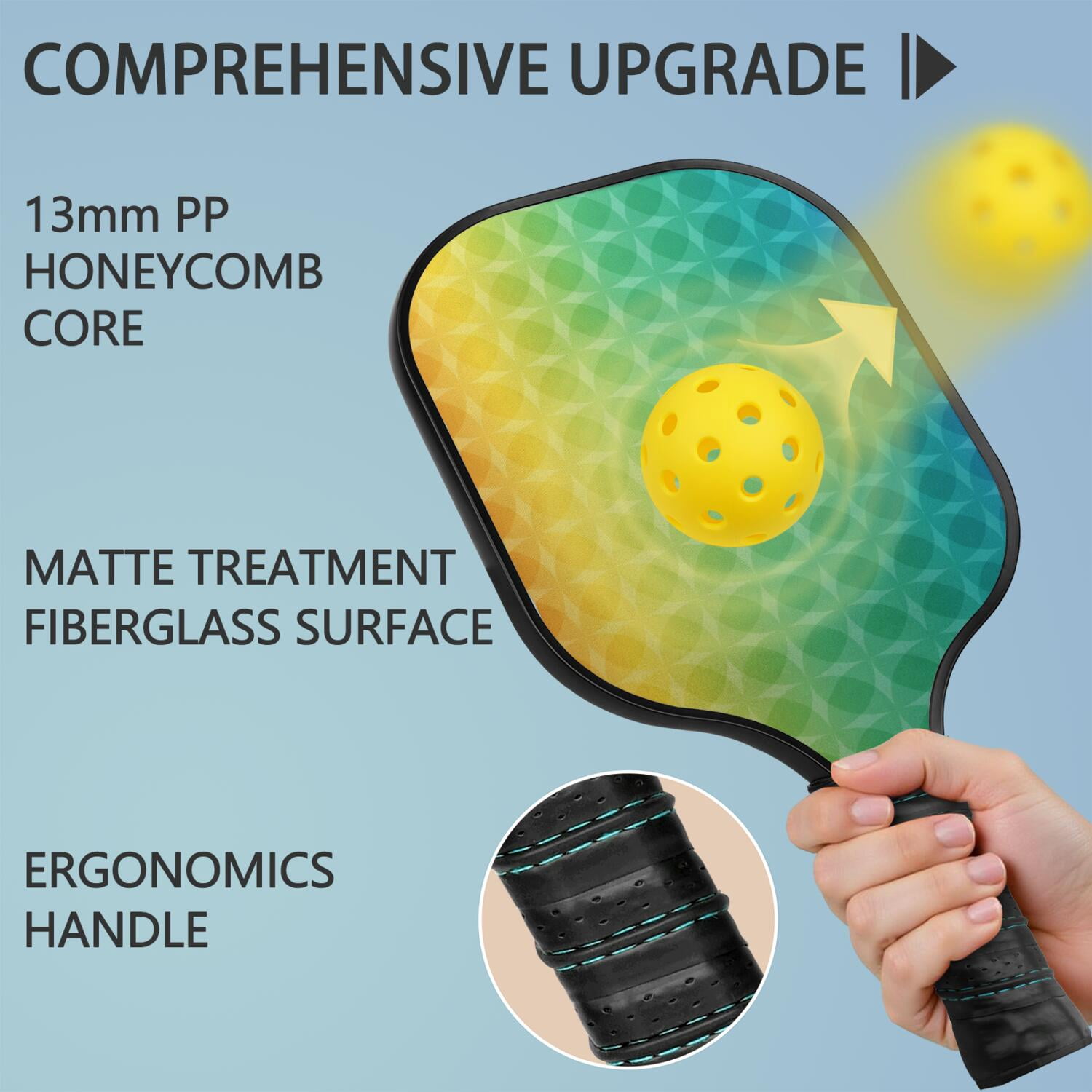 Pickleball Paddles Set Of 1, Fiberglass Surface, Vibrant Rainbow Print, 1 Paddle, 2 Balls & Bag