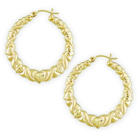 - 10K Gold Round XO Hoop Earrings Dia-Cut Hearts 1 3/8 inch.