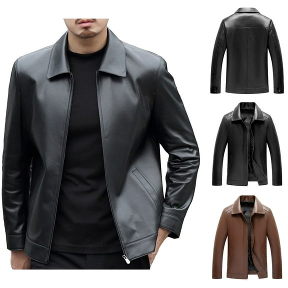 RongHuan Leather Jacket for Men Classic Fit Lapel Outwear Slim Fit Motorcycle Jacket Fall Winter Long Sleeve Outerwear