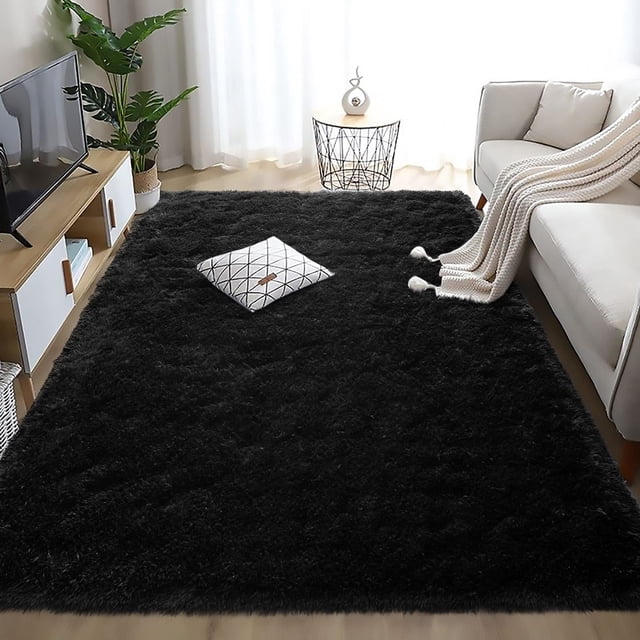 SUSUZI 5' x 7' Shaggy Area Rug, 2 Inch Thick Fluffy Plush Carpet with Non-Slip PVC Back, Soft Polypropylene Floor Rug for Bedroom Living Room Kids Room Home Décor, Black