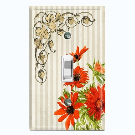 Metal Light Switch Plate Outlet Cover Orange Sunflower Striped Damask Tan FLW072