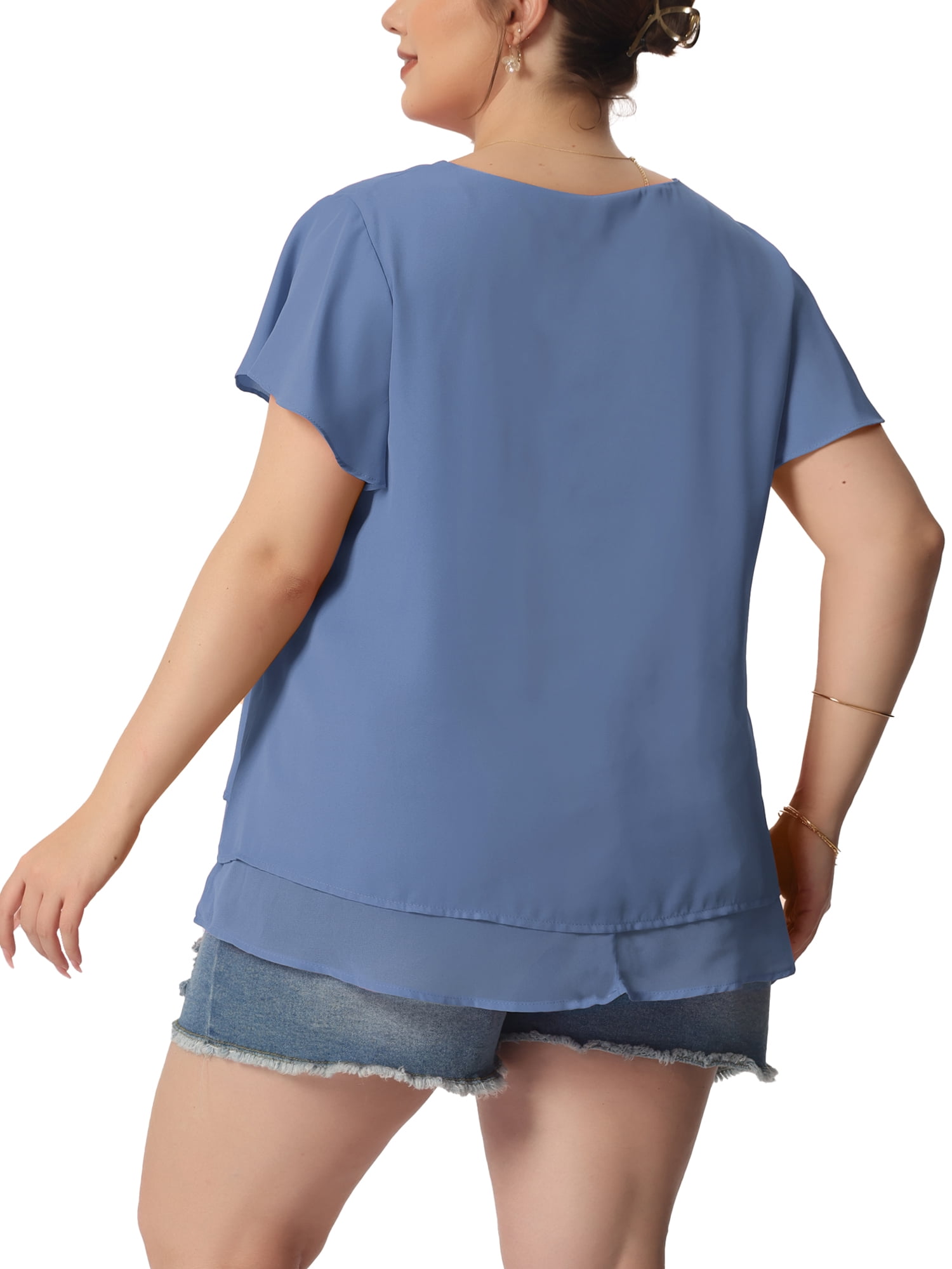 DARING DIVA Women's Plus Size Ruffle Short Sleeve V Neck Chiffon Blouse 4X Grey Blue