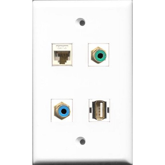 RiteAV 1 Port RCA Green and 1 Port RCA Blue and 1 Port USB A-A and 1 Port Cat6 Ethernet White Wall Plate