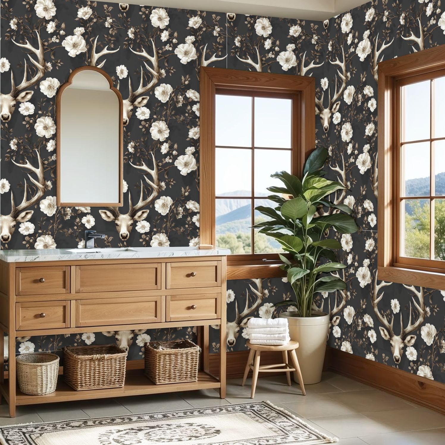 Peel and Stick Wallpaper 23.6in x 9.8ft Antlers Floral Neutral Beige Tones Dark Contact Paper Vinyl Self-Adhesive Removable Wall Paper for Bedroom DIY Home Decor Renter Friendly