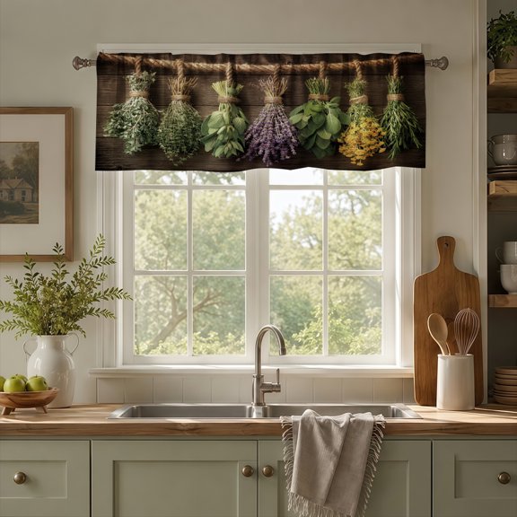 Rdsfhsp Herb Garden Window Valance Curtain, Rustic Plant Hanging Pattern Decorative Rod Pocket Short Curtain for Kitchen Decor